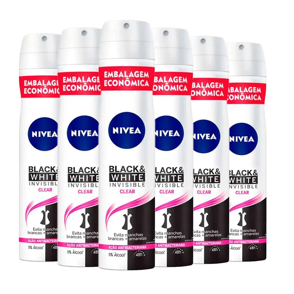 Kit Desodorante Aerosol Nívea Black & White Feminino 200ml - 6 unidades