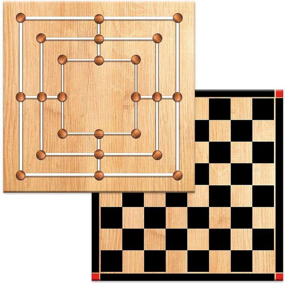 Jogo dama e trilha tabuleiro madeira formato caixa30x30x4cm