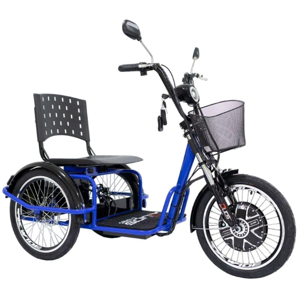 Triciclo Elétrico 800W Ré Farol e Alarme Fox Azul com Cestinha