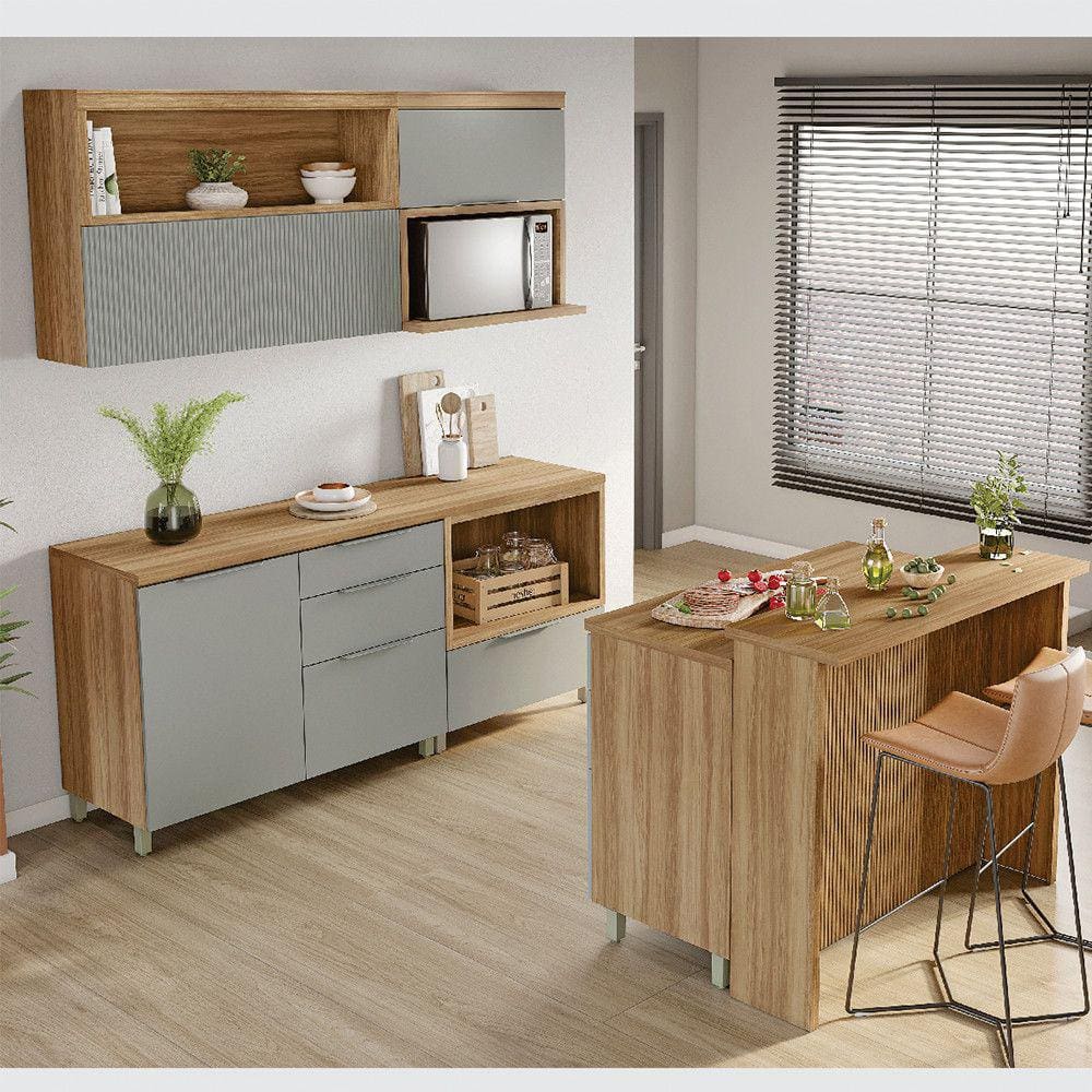 Cozinha 6 Peças 4 Portas 7 Gavetas Ripado Painel Ilha Marquesa 100 MDF
