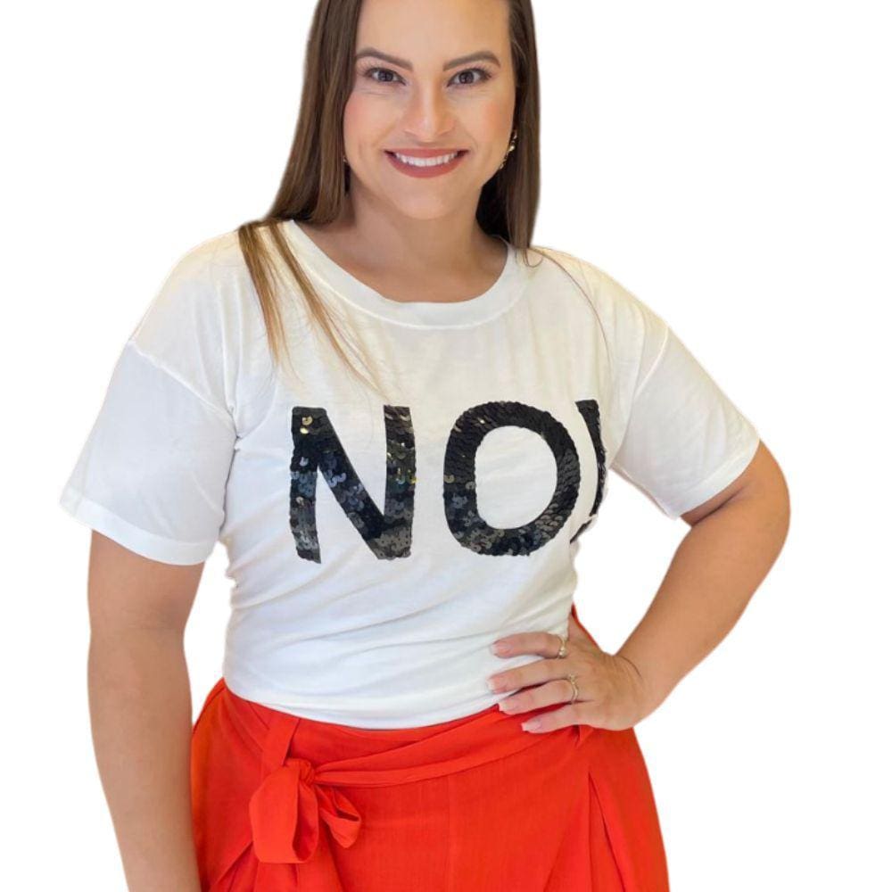 T-Shirt Plus Size Bordado Paetê NO! Em  Viscolycra