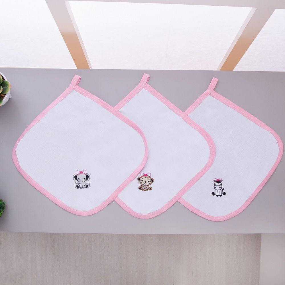 Kit 3 Fraldas Pano De Boca Malha Para Bebê Safari Branco Com Rosa