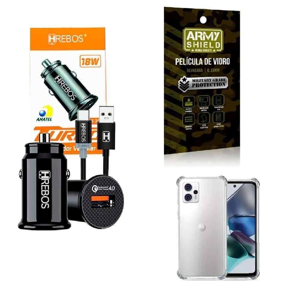 Kit Carregador Veicular + Capinha Motorola G23 + Película 3D