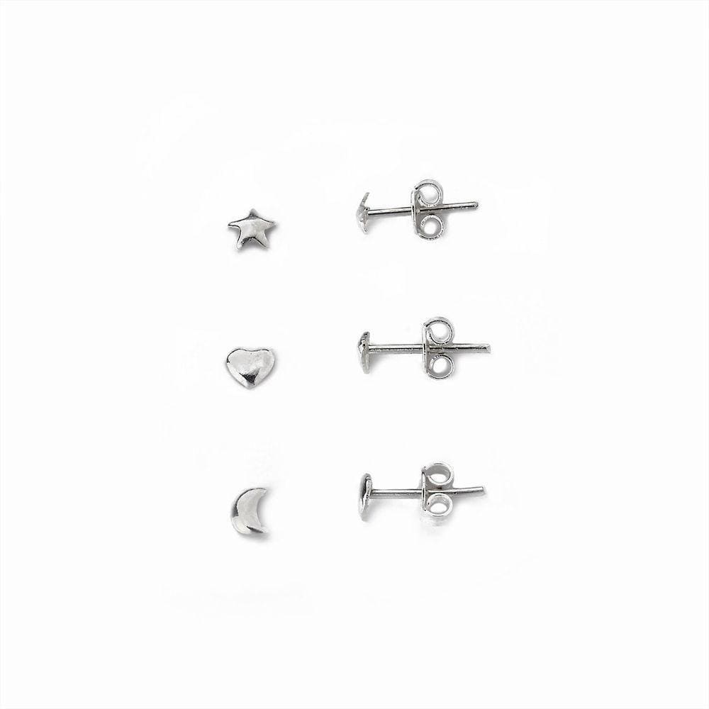 Kit Trio Brincos Estrela, Lua e Coração Prata 925