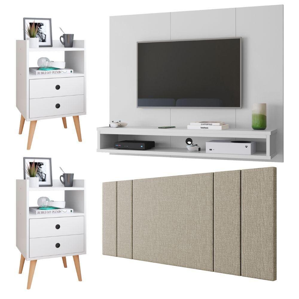 Painel Suspenso TV Até 50 Polegadas Cissa Sala Cabeceira Estofada Cama Box Casal 1,40 Luana Kit 2 Mesinhas Retrô Gavetas Nicho Dream Quarto - RPM