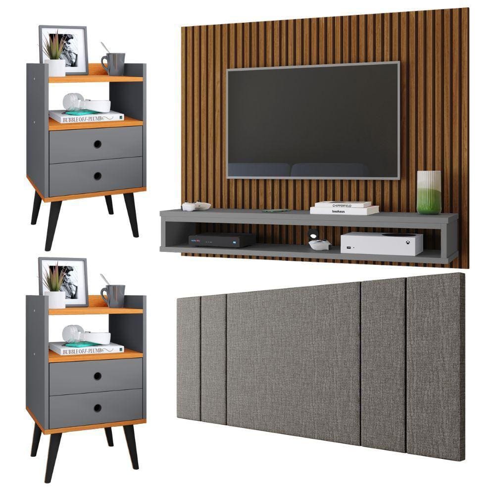 Painel Ripado Freijó Tv 50 Polegadas Cissa Cabeceira Cama Box Casal Luana Linho 1,40 Kit 2 Mesinhas Quarto Gaveta Nicho Dream Cinza/Cinamomo– RPM