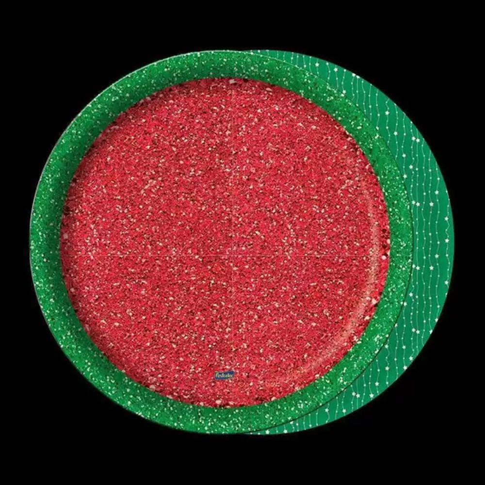 Prato Papel Glitter Vermelho C Verde Descartavel Festa