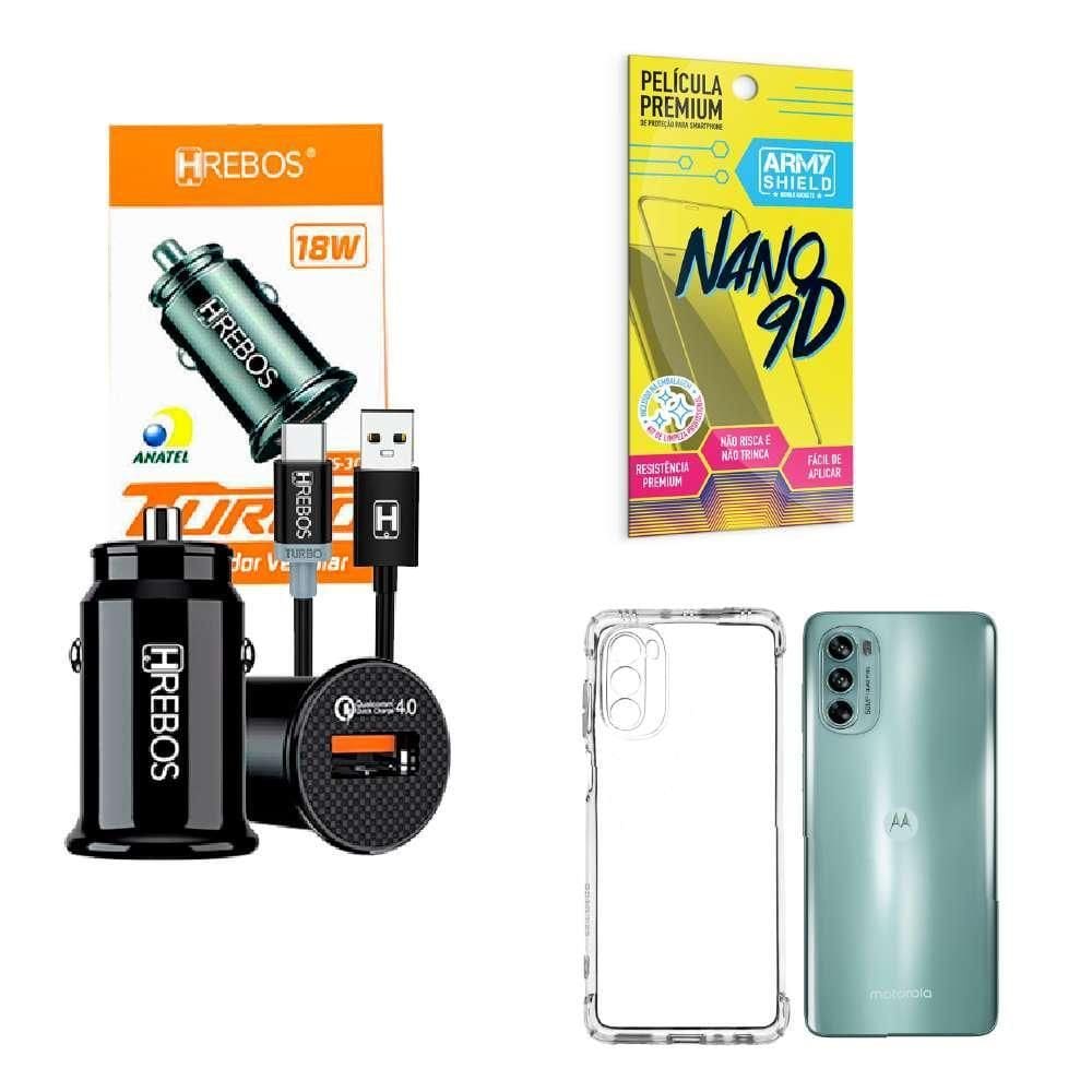 Kit Carregador Veicular + Capinha Motorola G62 + Película 9D