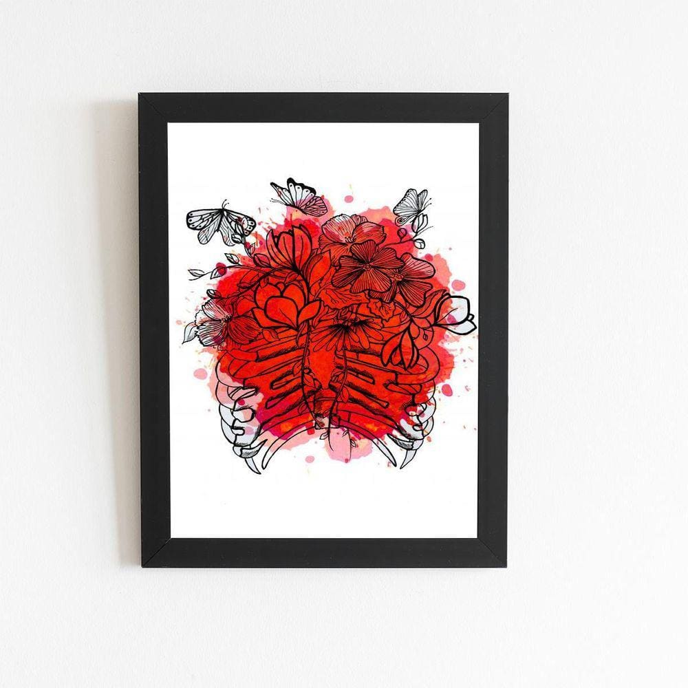 Flores Esqueleto Vermelho Quadro Moldura Preta 60X40Cm