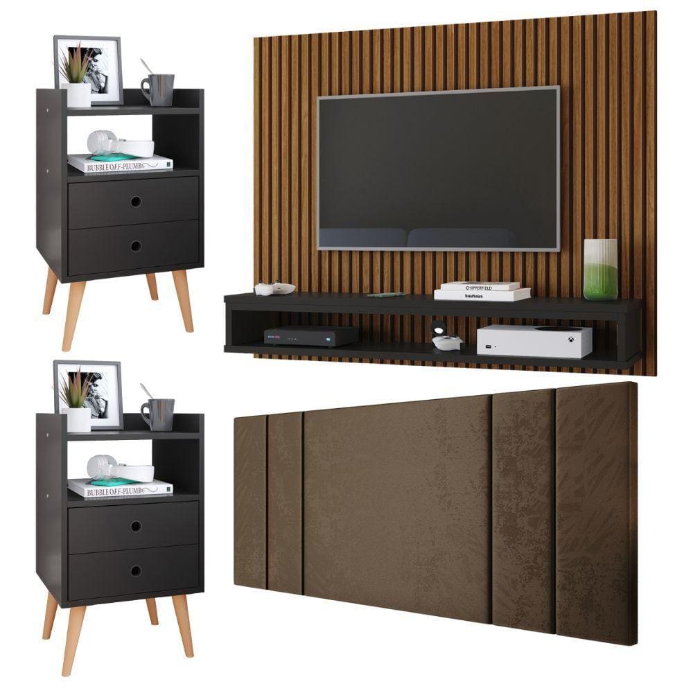 Kit 2 Mesinhas Gavetas Nicho Quarto Dream Painel TV 50 Polegadas Cissa Ripado Freijó/Preto Cabeceira Estofada Cama Box Casal Luana 1,40 Marrom –RPM