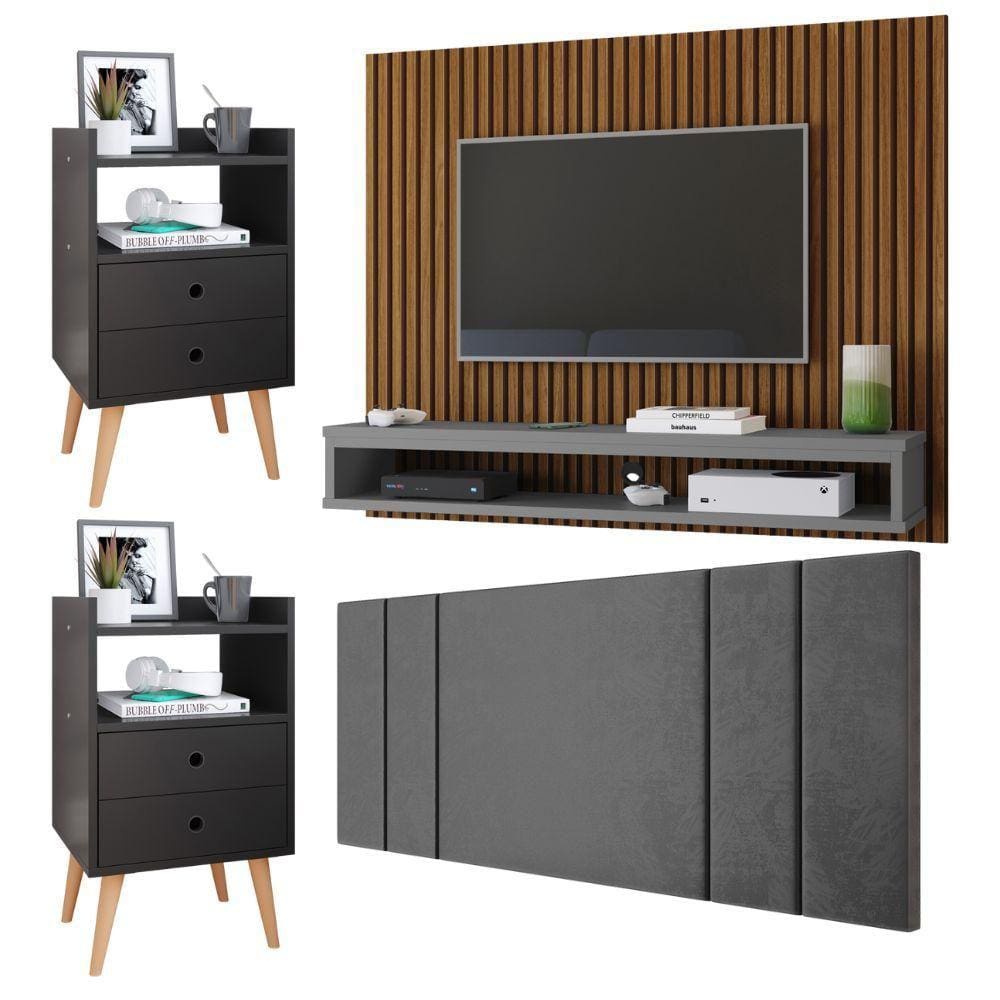 Painel Ripado Freijó Tv 50 Polegadas Cissa Cabeceira Estofada Cama Box Casal Luana1,40 Cinza Kit 2 Mesinhas Quarto Gaveta Nicho Dream Preto – RPM