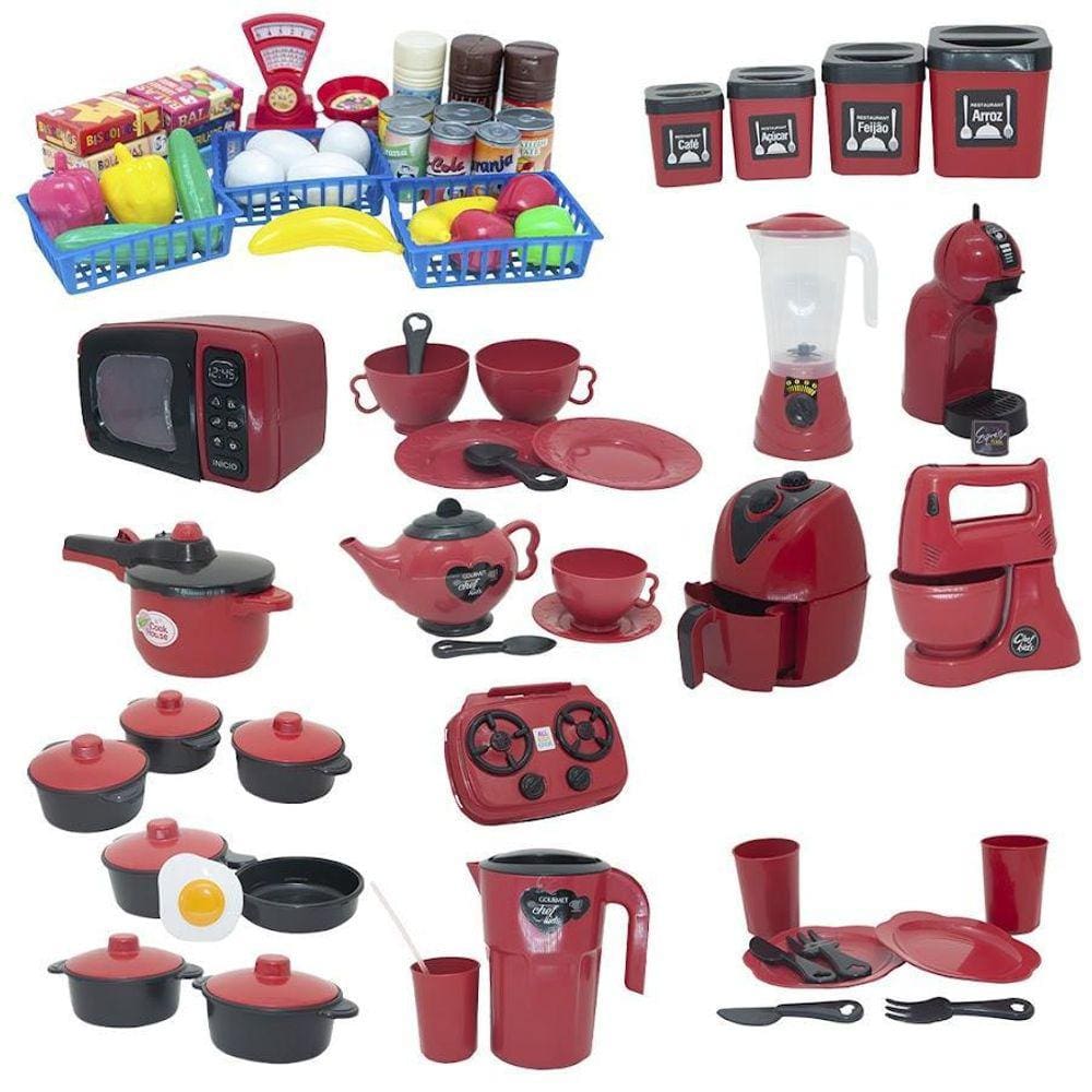 Cozinha Brinquedo Vermelho Mercado Jogo Panela Air Fryer 75P