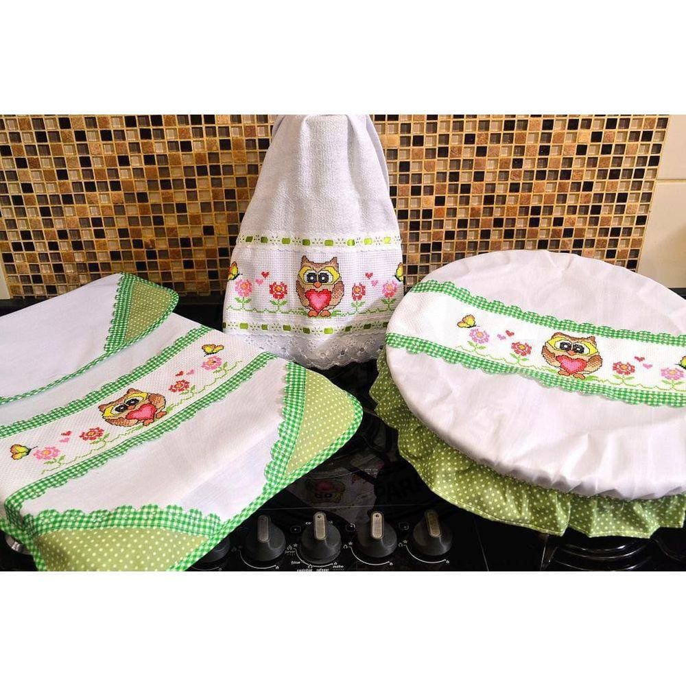 Itens para Cozinha Bordado Ponto Cruz - Corujinha Verde
