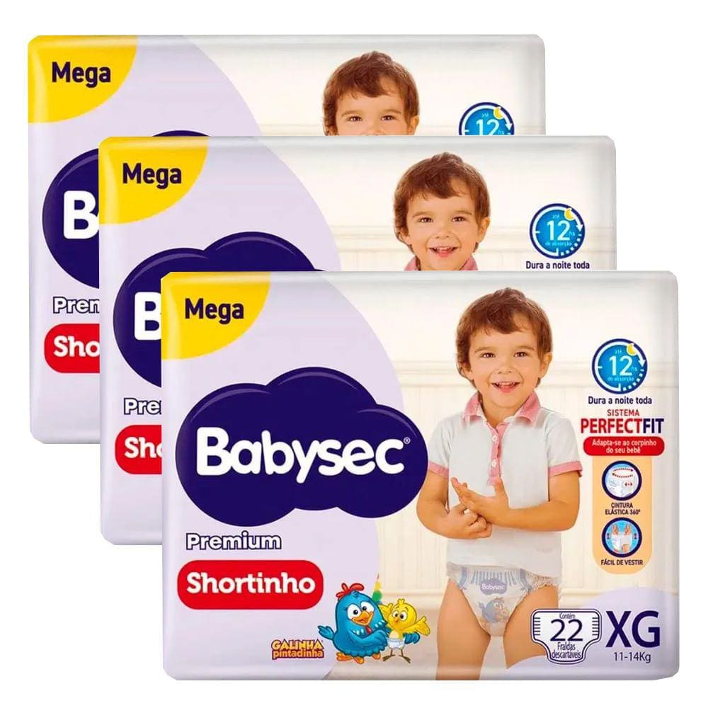 Kit 3 Fraldas Descartável Babysec Shortinho Mega XG - 66 Tiras