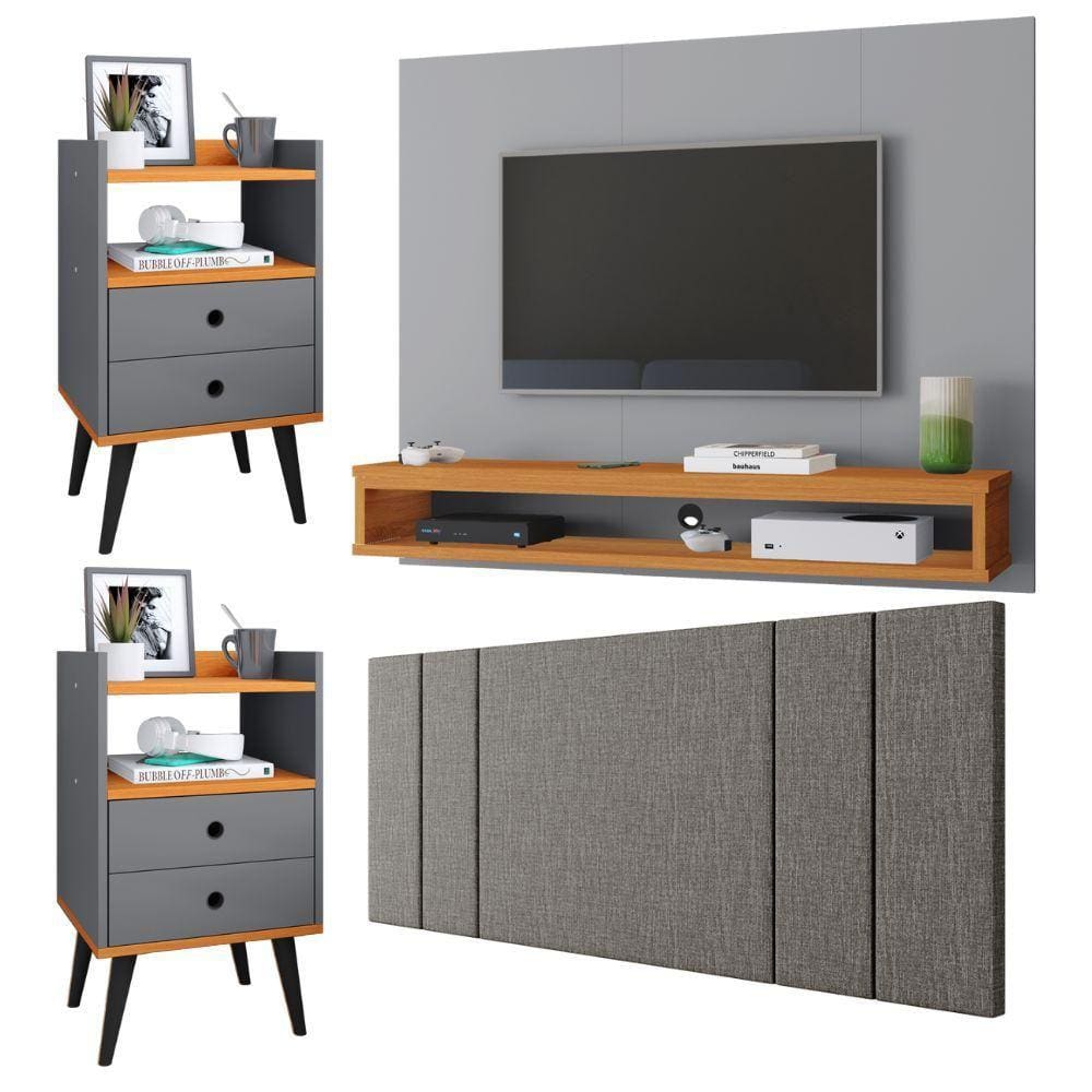 Painel Suspenso Tv 50 Polegadas Cissa Cabeceira Estofado Linho Cama Box Casal Luana1,40 Kit 2 Mesinhas Quarto Gaveta Nicho Dream -Cinza/Cinamomo–RPM
