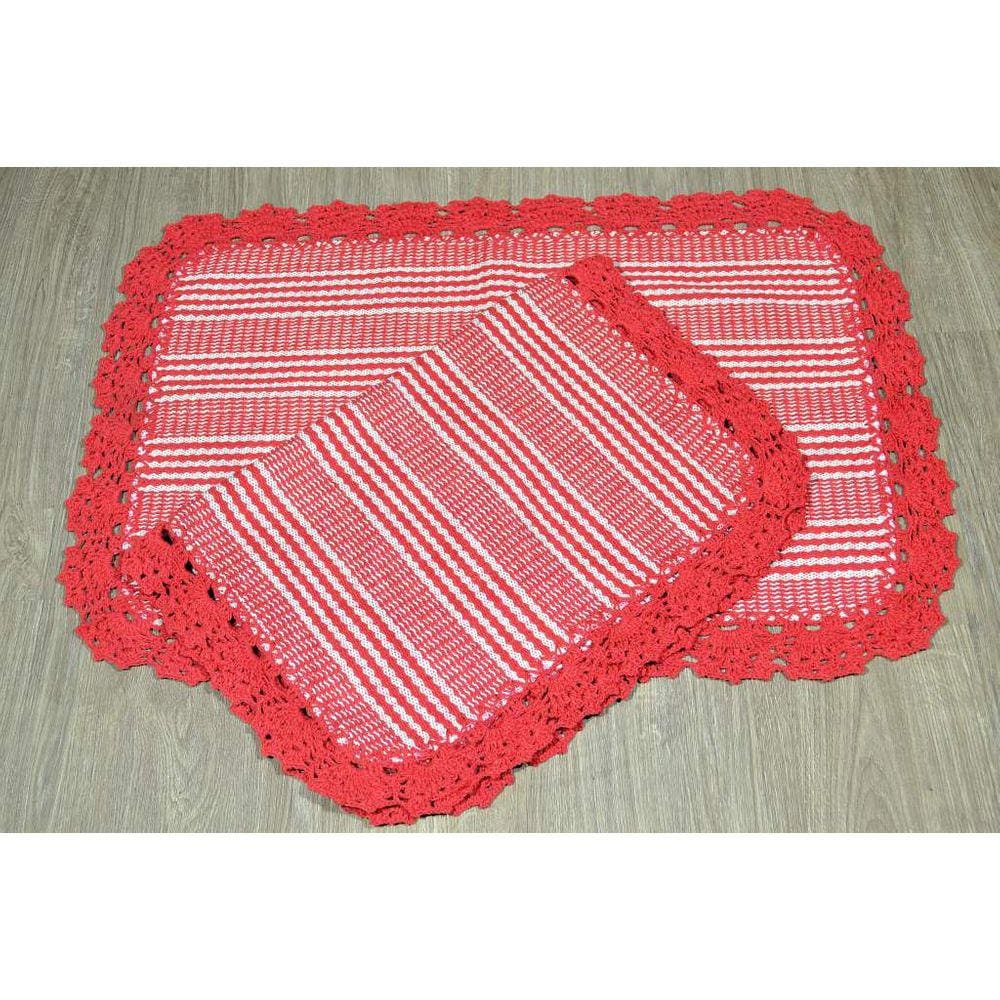 Par de Tapetes de Tear com Bico de Crochê - Vermelho