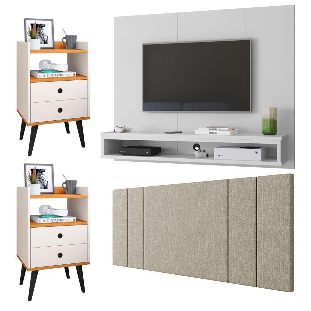 Painel TV 50 Polegadas Cissa Branco Cabeceira Cama Box Casal Luana1,40 Bege Linho Kit 2 Mesinhas Quarto Gaveta Nicho Dream Off/Cinamomo- RPM