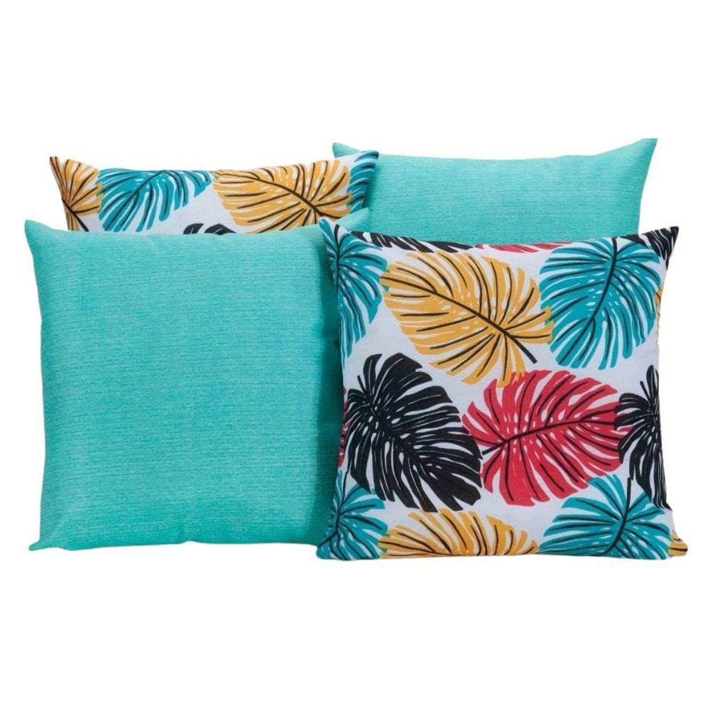 Kit 4 Almofadas Para Sofá Azul Turquesa Com Folhas Coloridas