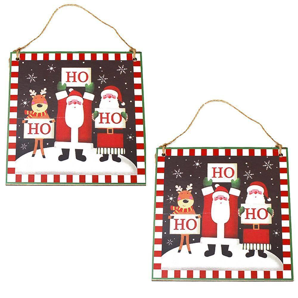 Kit 2 Placas Decorativas Natal Madeira Pendurar - 15x15x1cm