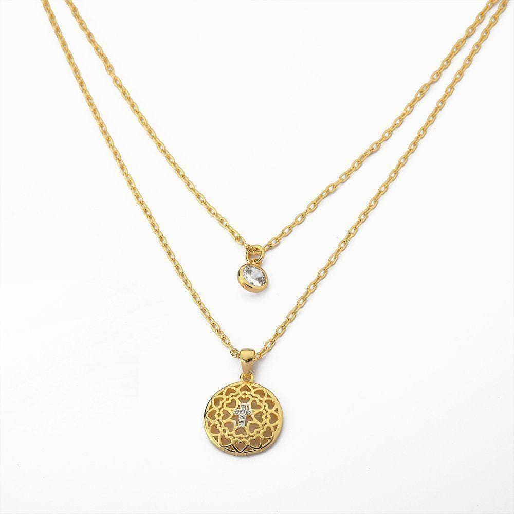 Colar Duplo Ponto De Luz e Mandala Cruz Banhado Ouro 18k