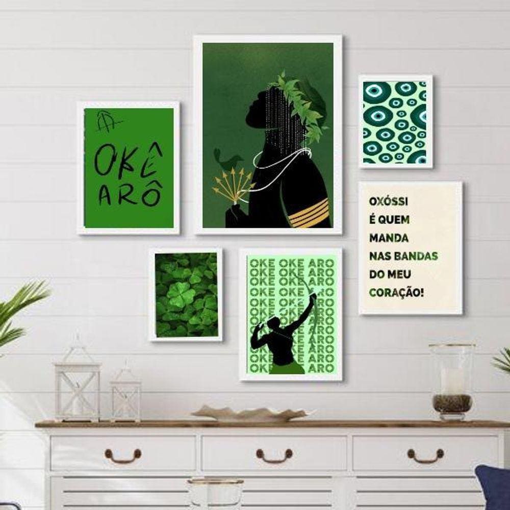 Kit Quadros Oxóssi Verde - 6 Peças - Variadas Medidas - 3 Meses Garantia