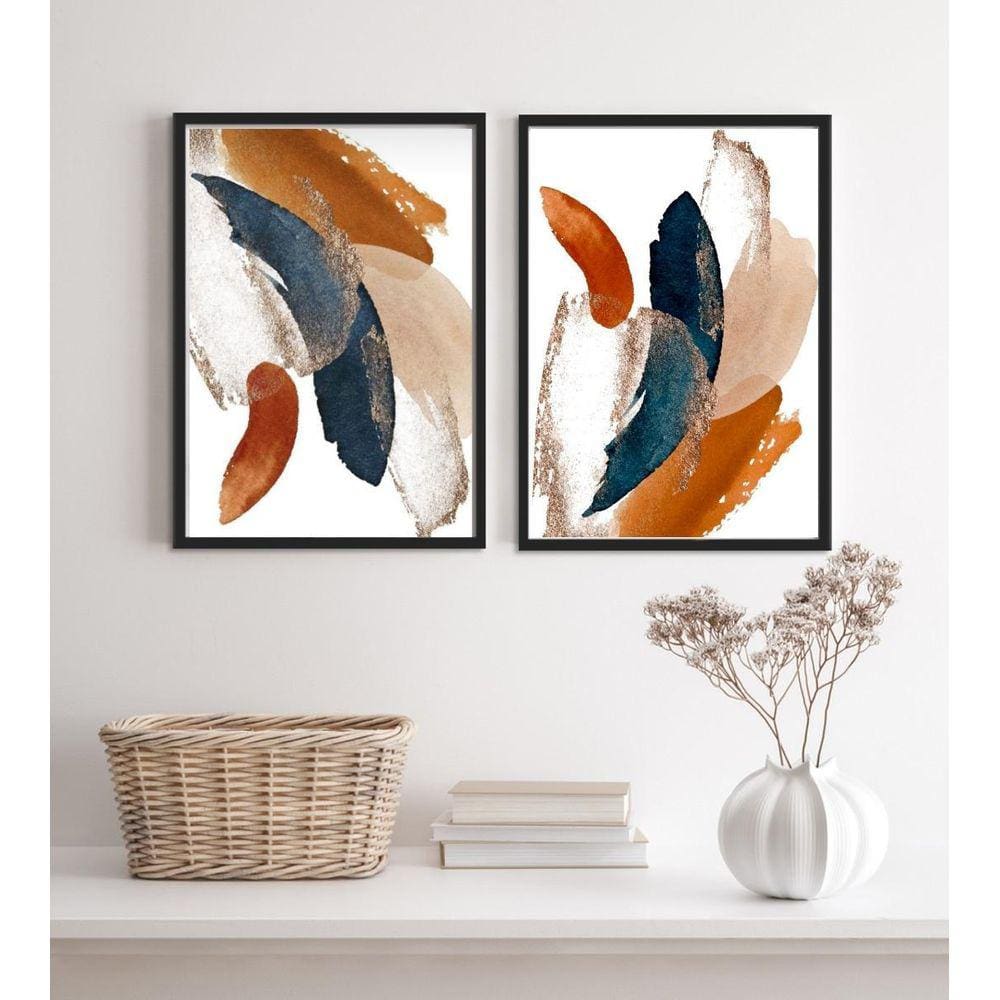 Quadros Abstratos Azul Terracota 45x34cm - Moldura Preta