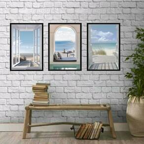 Quadros Decorativos Janelas Praia 33x24cm - Madeira Branca