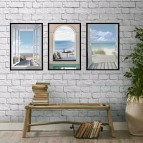 Kit 3 Quadros Decorativos Janelas Praia 33x24cm - Preta