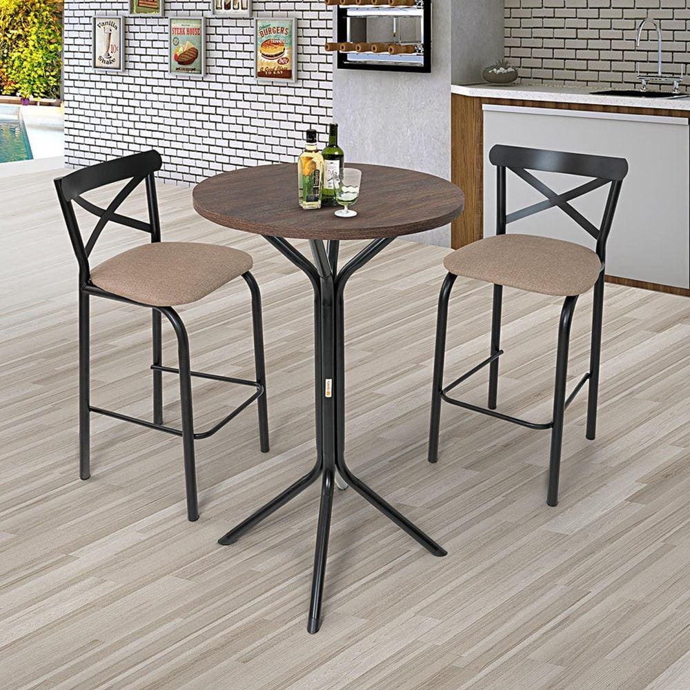 Conjunto Bistrô Tampo 0,65m Redondo com 2 Banquetas Tubo Paris Preto/Bege