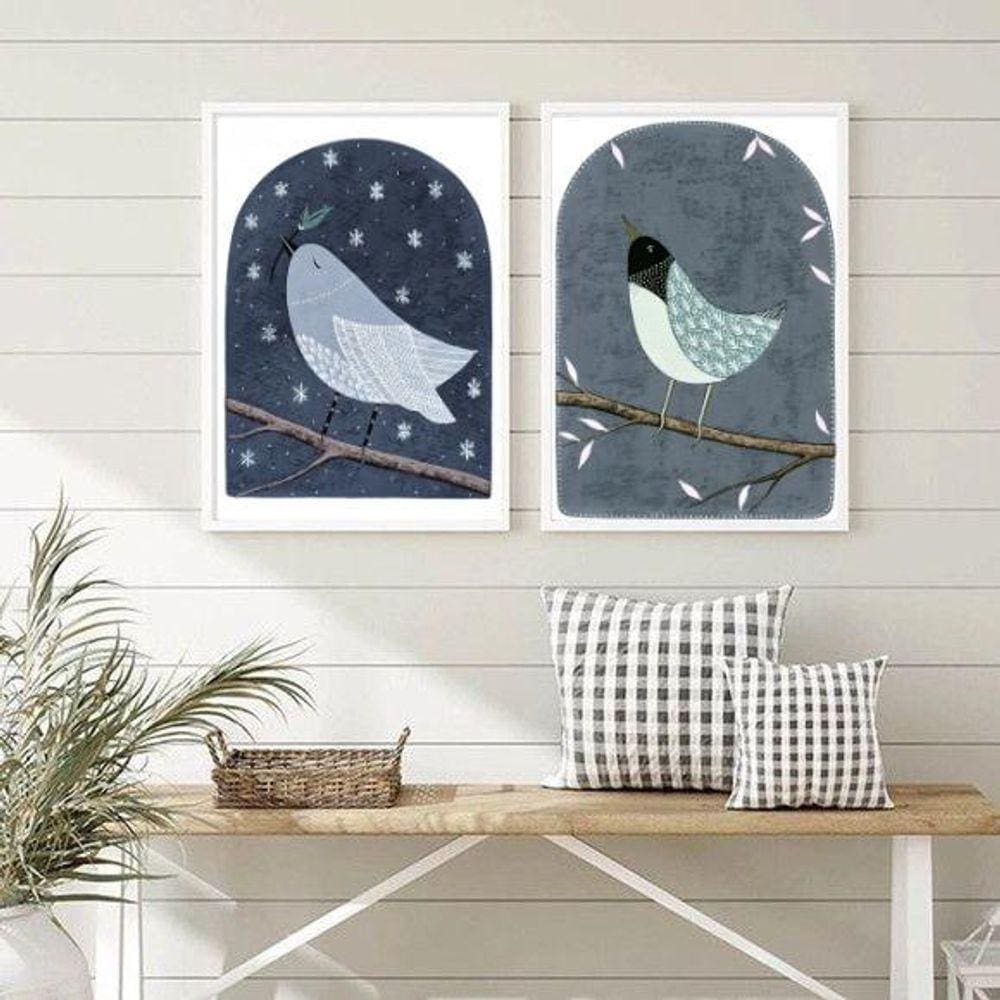 Quadros Arte Passarinhos Azuis 45x34cm Moldura Preta
