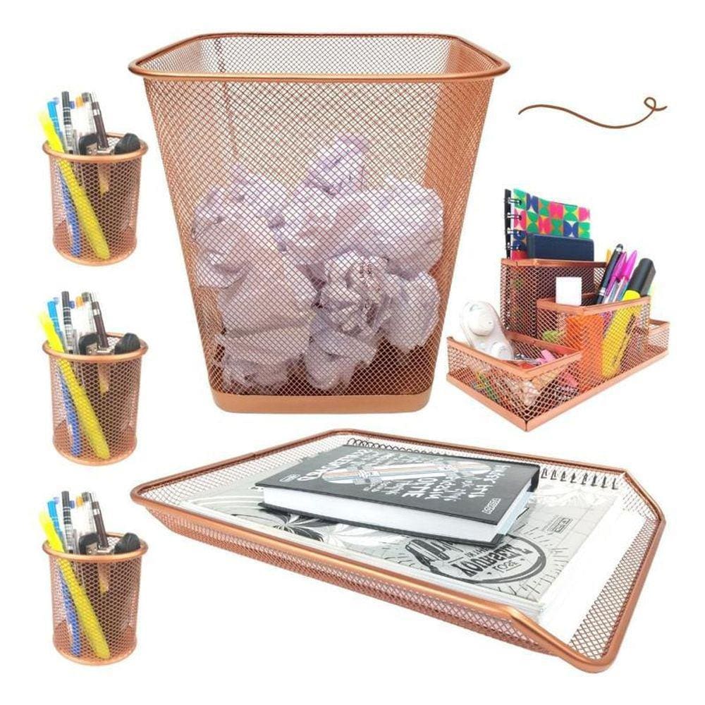 Kit Escritório Lixeira Retangular Organizador Mesa Bandeja
