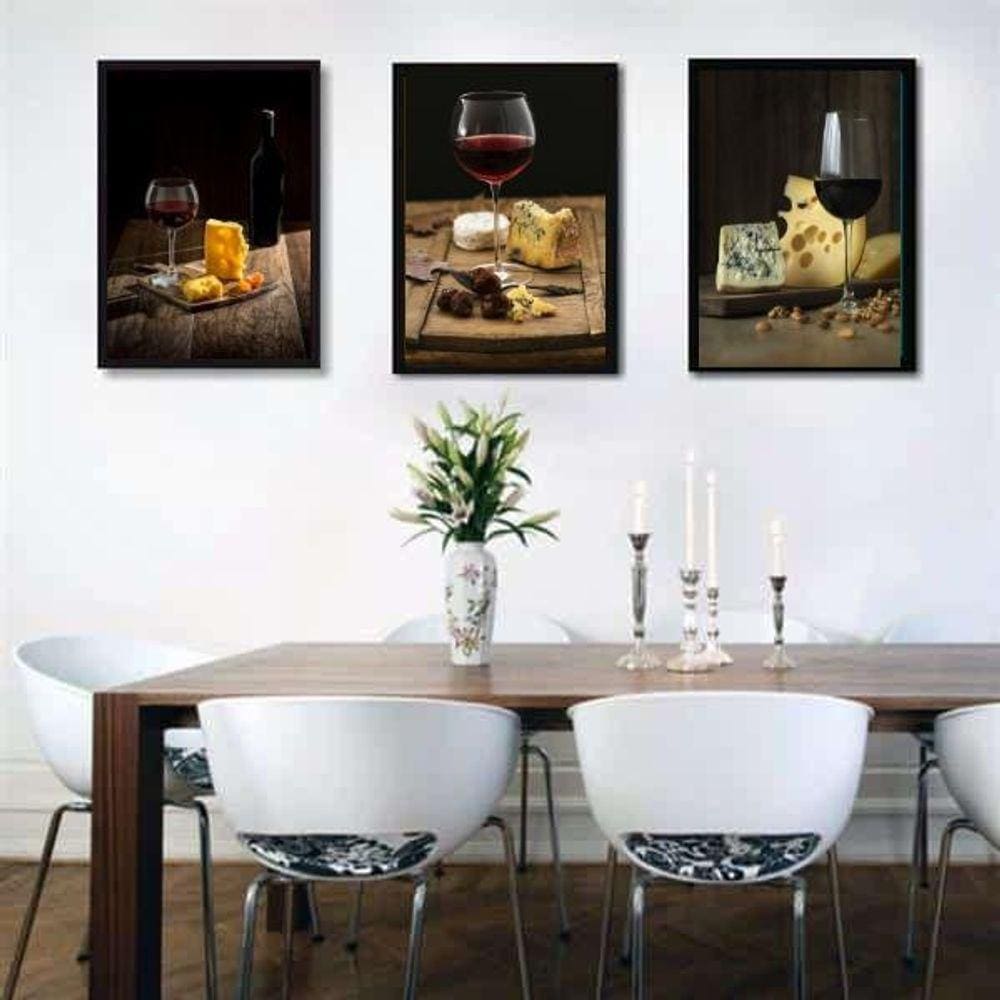 Kit 3 Quadros Decorativos Vinho 33x24cm Madeira Branca