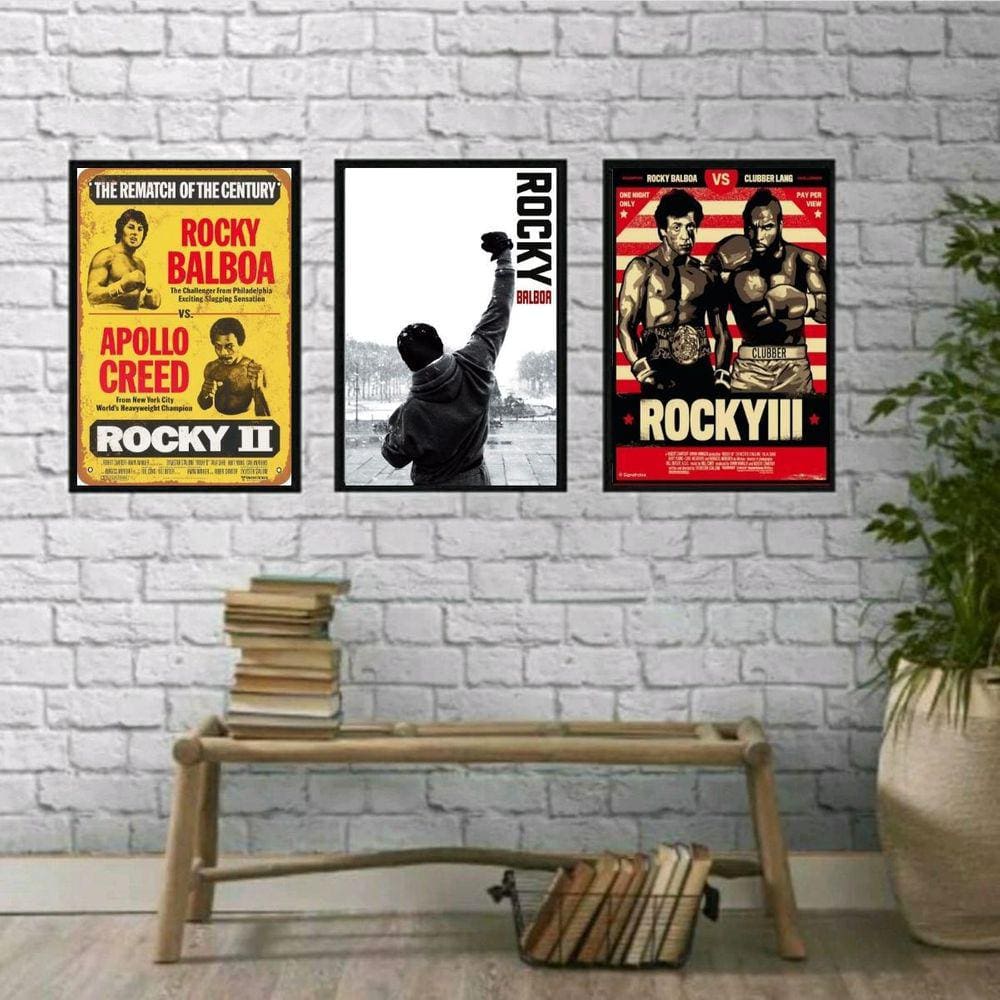 Kit 3 Quadros Rocky Balboa 24x18cm - Madeira Preta