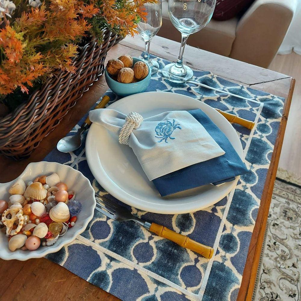 Kit Mesa Posta Completo Tecido Azul Ondas - Caranguejo 2Un