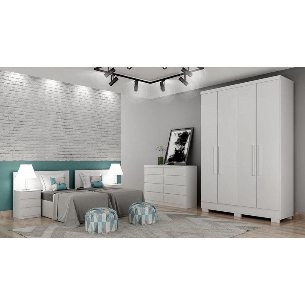 Guarda Roupa Solteiro com Pés 4 Portas 2 Gavetas - Veneza-Branco - Móveis Novo Horizonte
