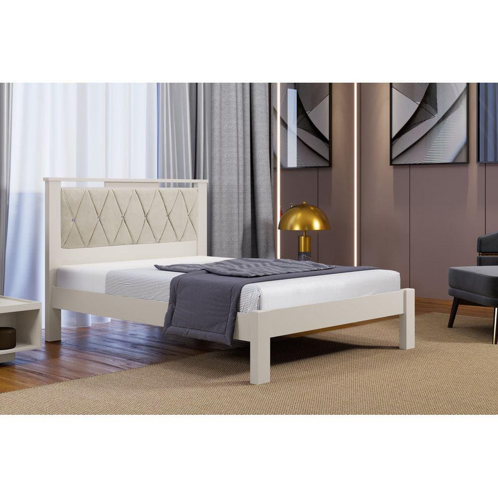 Cama Alaska Casal OffWhite com Tecido Suede Bege