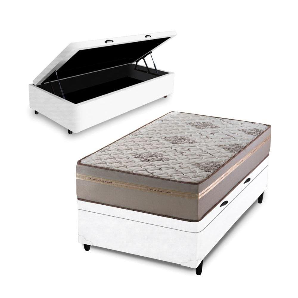 Cama Box Baú + Colchão de Solteiro D33 Millenium One Face 88x188x49cm Branco - Suporta até 120kg por pessoa