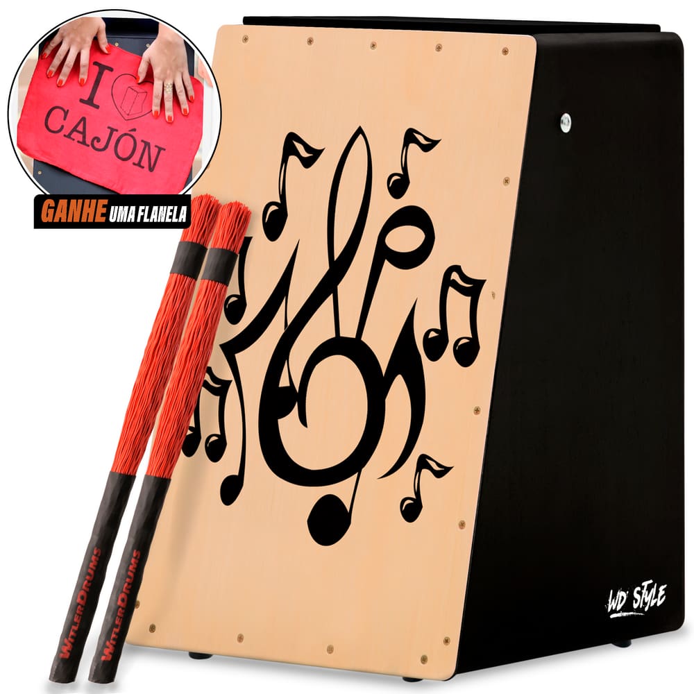 Cajon Wd Style Eletrico Preto | Natural | Musical - Kit (Ma|V2)