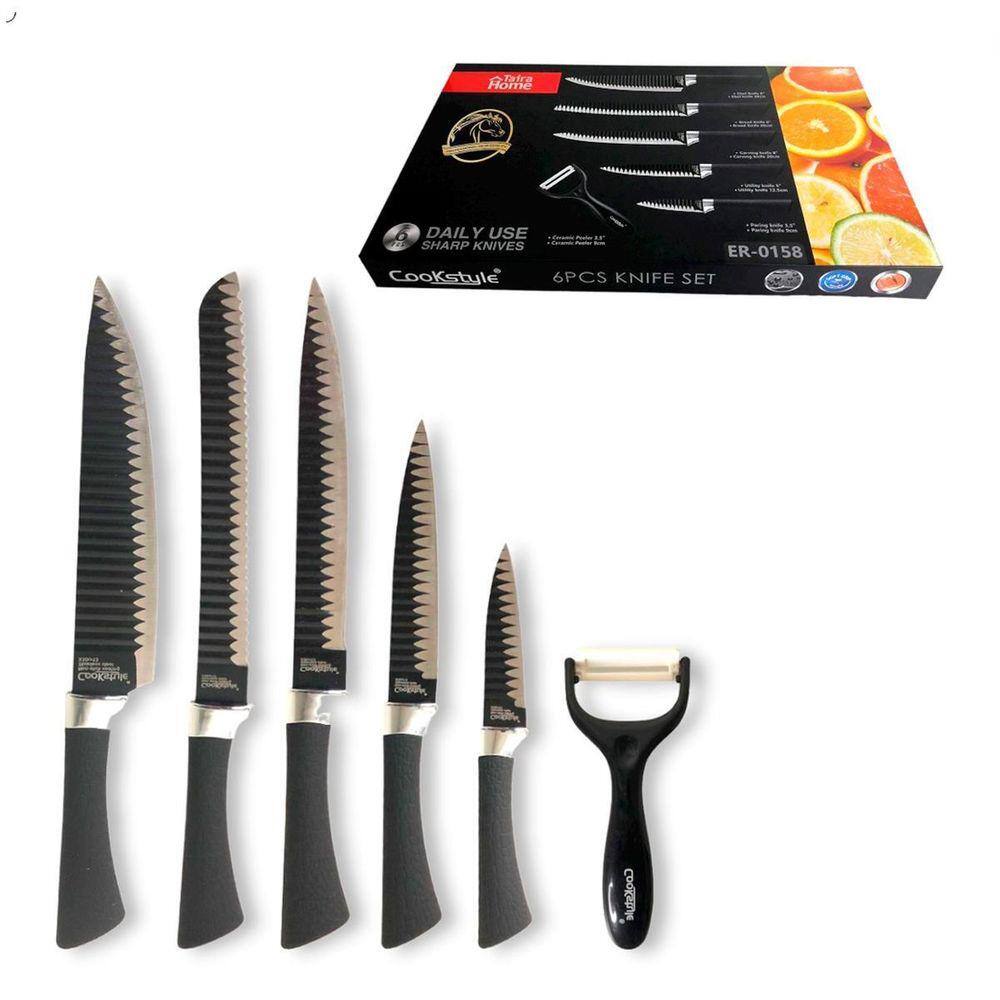 Kit Facas Inox Antiaderente 6 Peças + Tesoura e Descascador
