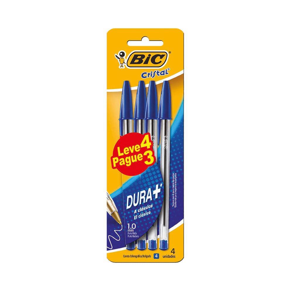 Caneta Esferográfica Bic Cristal Dura Mais 1.0mm Azul com 4 Unidades