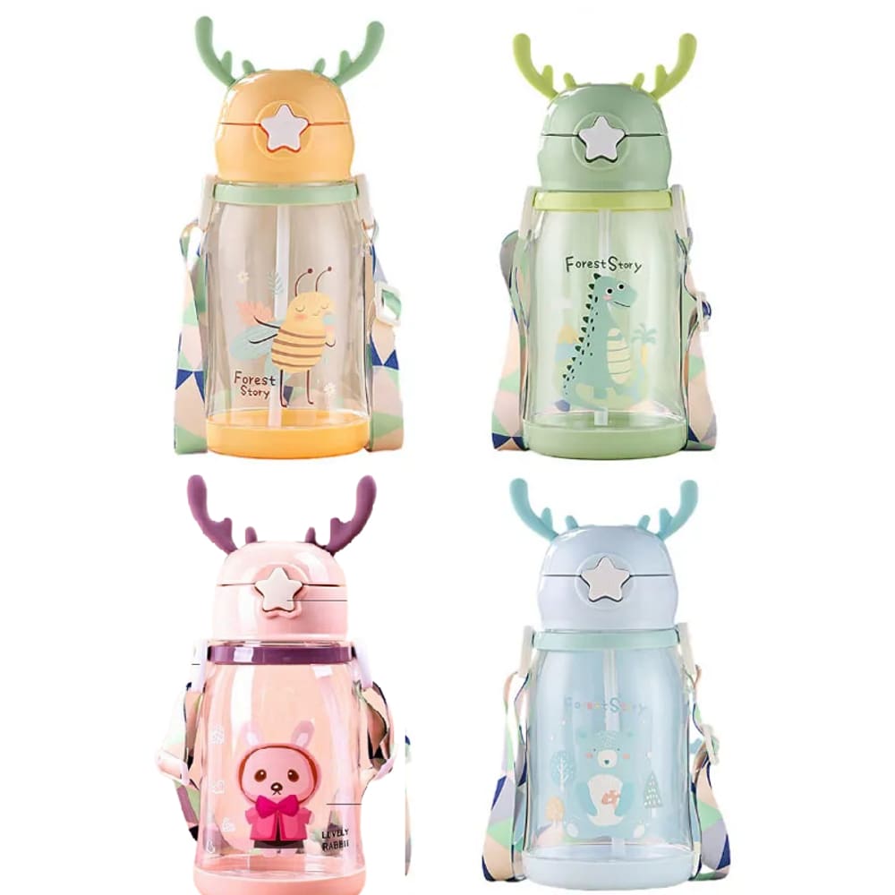Garrafa de Água Infantil com Trava Modelo Alce Canudo e Bico de Silicone Decorada para Crianças
