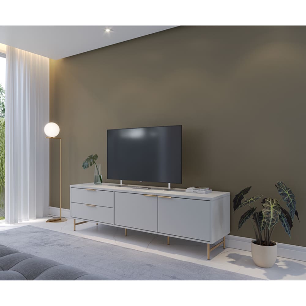 Rack para Tv até 75 Polegadas 2 Gavetas e Pés Metalizados em Aço Carbono Yves 1.8 Off White/Dourado