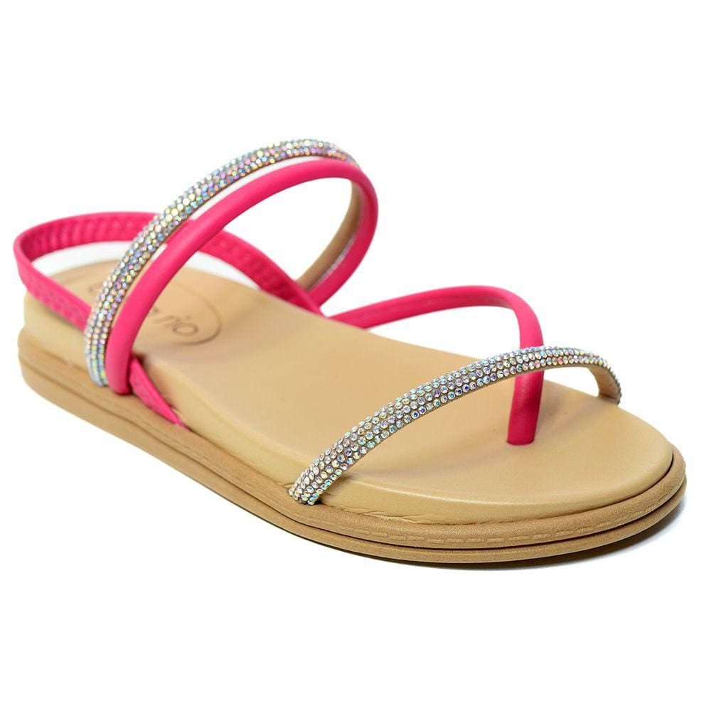 Rasteira Beira Rio Flatform Tiras Strass Elástico Feminina - Bege e Rosa
