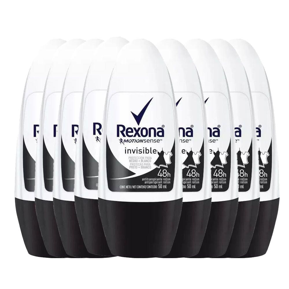 Kit Desodorante Roll On Rexona Invisible Feminino 50ml - 9 Unidades