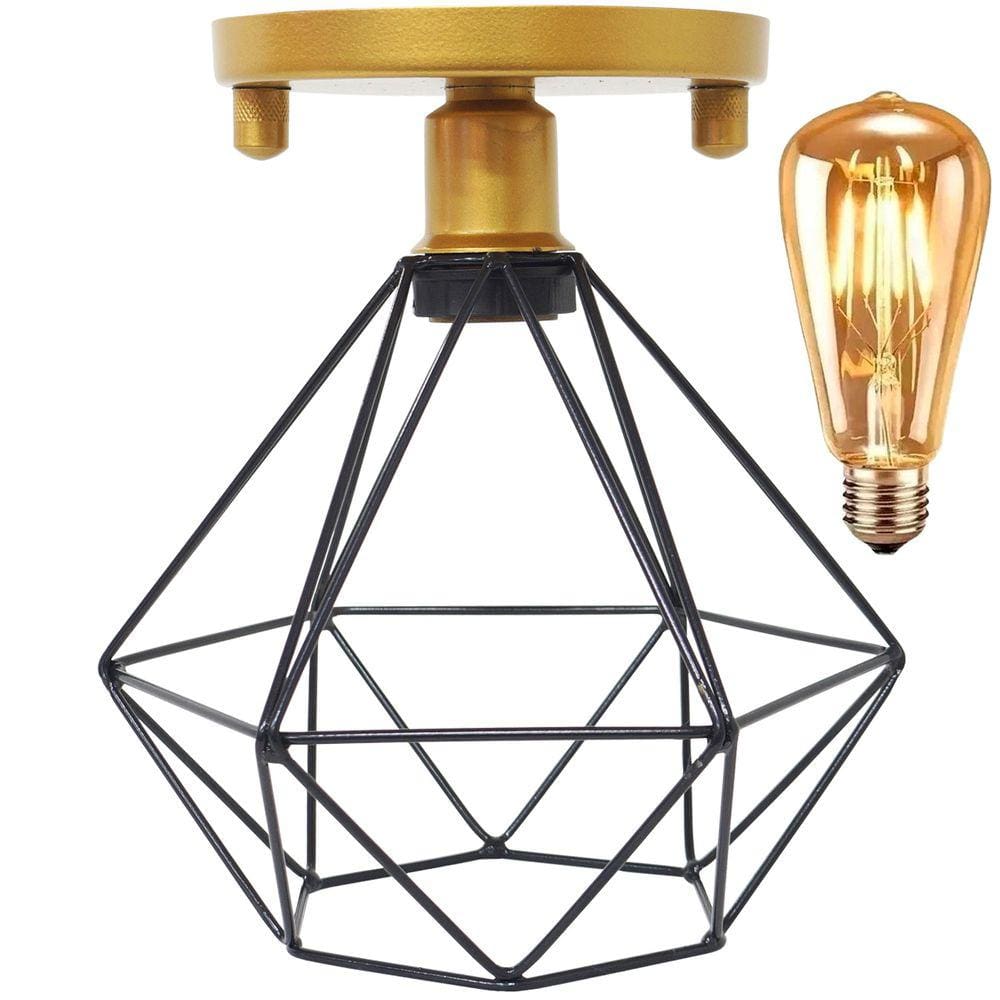 Lustre Teto Plafon + Lâmpada Led St64 Industrial Aramado Diamante Retrô Luminária Sobrepor Vintage