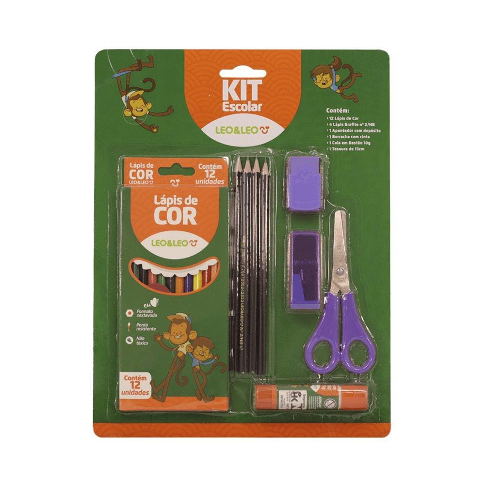 Kit Escolar 6 Peças 4 Lápis + 12 Lápis de Cor Leo&Leo