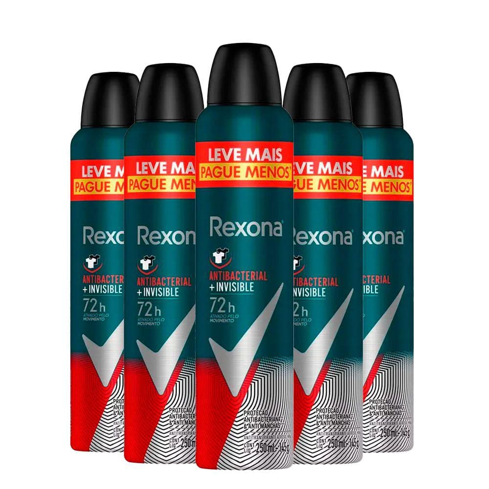 Kit Desodorante Rexona Aerosol Antibacterial Invisible 250ml - 5 Unidades