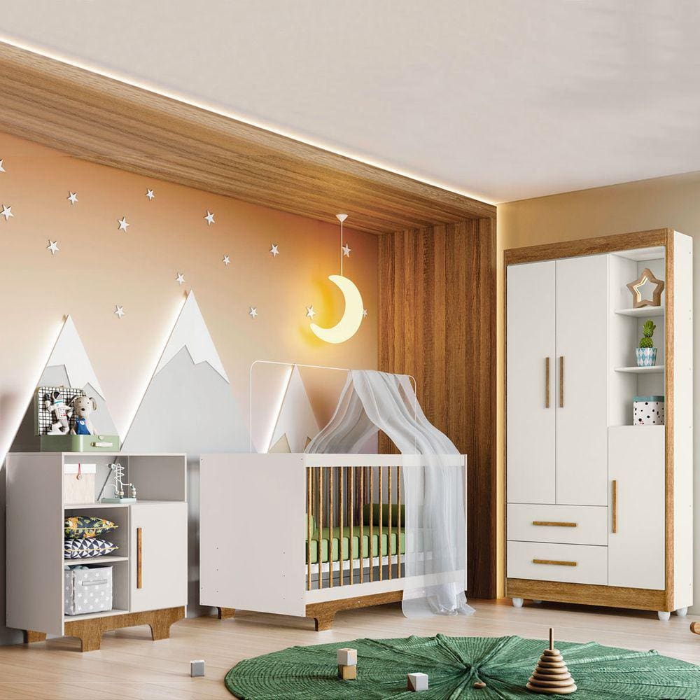Quarto de Bebê Completo Flocos 100% Mdf 4 Portas 2 Gavetas Off White/Ypê 4105 - Tigus Baby