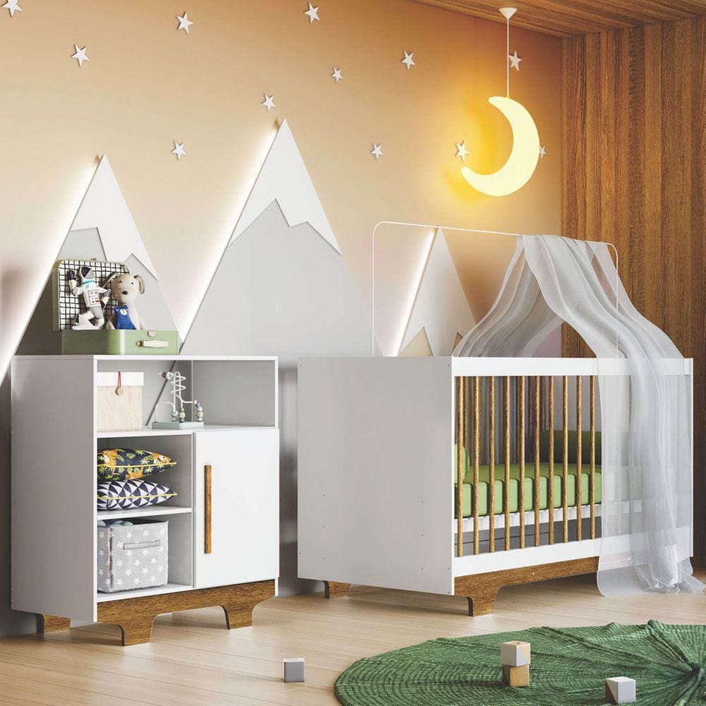 Quarto de Bebê Completo Flocos 100% Mdf 1 Porta Branco/Ypê 4106 - Tigus Baby