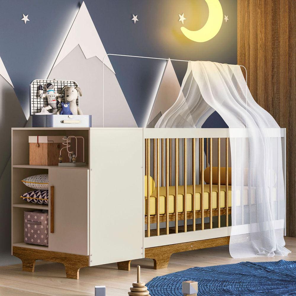 Quarto de Bebê Completo Flocos 100% Mdf 1 Porta Off White/Ypê 4104 - Tigus Baby